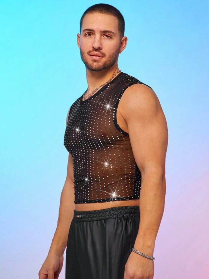 Uptown Funky Men's Fashionable Sexy Rhinestone Sequin See Through Mesh Tank Top